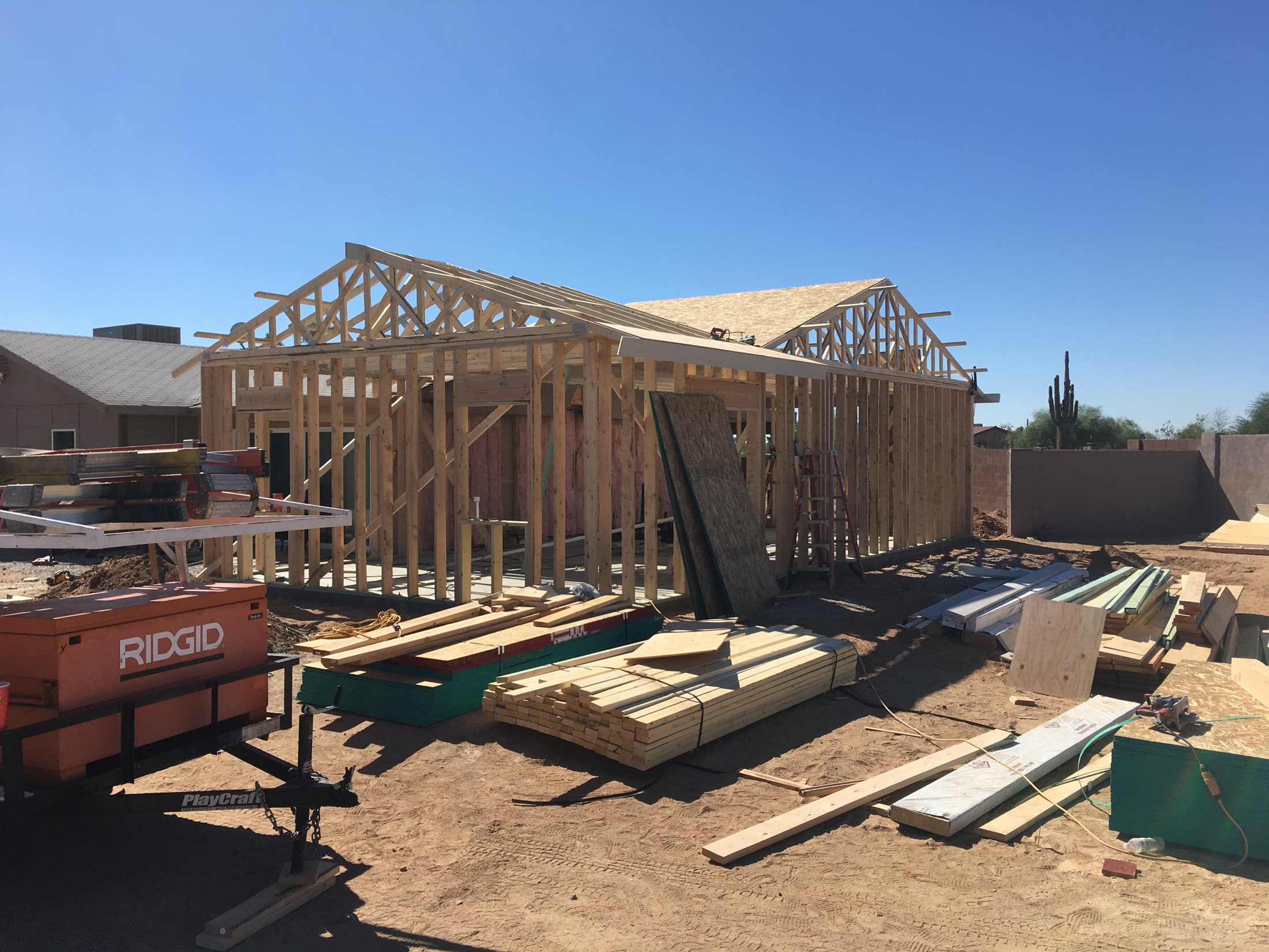 Home under construction, wood frame and trusses